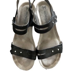 Mephisto Minoa Black Metallic Nubuck Leather Cork Wedge Sandals EU 39 US 8.5
